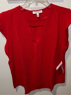 Chaus Lipstick Red Textured V-Neck Cap Sleeve Blouse
